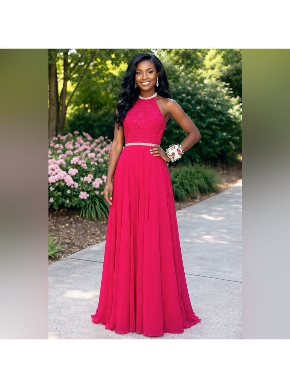 Size 4 Madison James Hot Pink Fuchsia High Neck Modest Prom Bridesmaid dress NWT